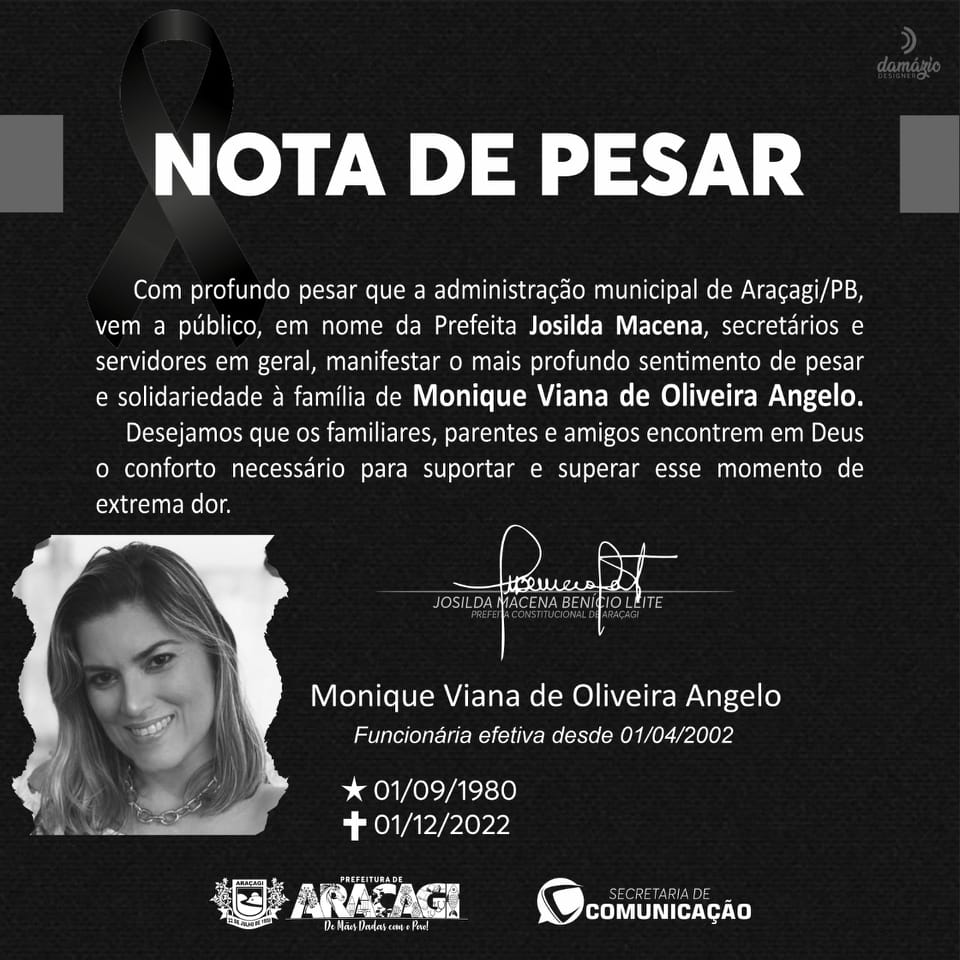 Prefeita de Araçagi decreta luto oficial de três dias em virtude do falecimento da professora Monique Viana